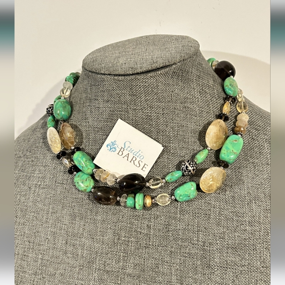 Barse Huge Heavy Sterling Silver Turquoise & Smoky Quartz crystal necklace 34"